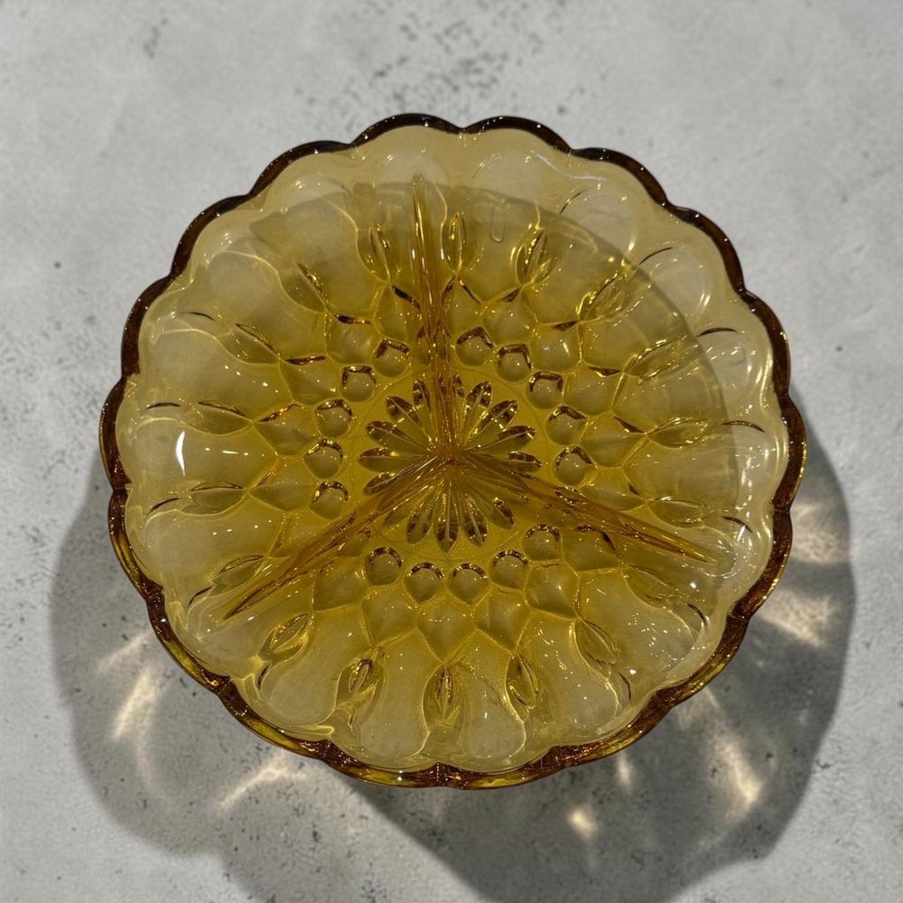 Vintage Amber Glass 3 Section Divided Serving Dish Scalloped Bubble Pattern 8.5"
